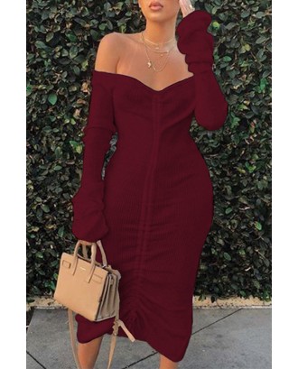 Lovely Trendy Dew Shoulder Wine Red Mid Calf Dress