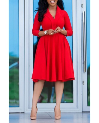 Lovely Leisure V Neck Red Knee Length Dress