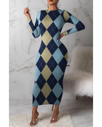 Lovely Trendy Grid Printed Blue Ankle Length Dress