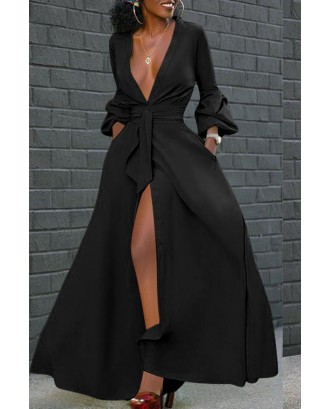 Lovely Casual V Neck Buttons Design Black Floor Length Dress