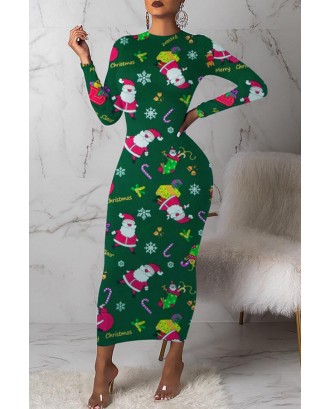 Lovely Christmas Day Printed Green Mid Calf Dress