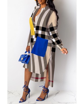 Lovely Trendy Turndown Collar Striped Printed Brown Mid Calf Dress