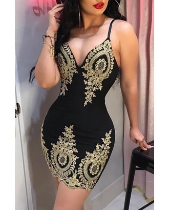 Lovely Sexy V Neck Spaghetti Straps Printed Black Knee Length Prom Dress