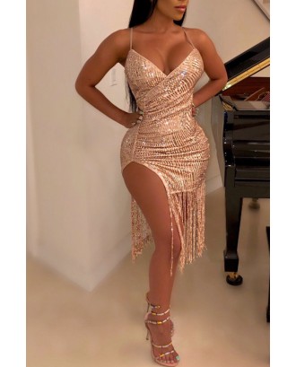 Lovely Sexy V Neck Spaghetti Straps Tassel Design Gold Knee Length Dress