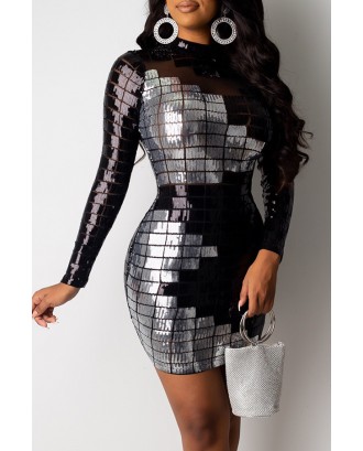 Lovely Party Patchwork Sequined Black Mini Dress