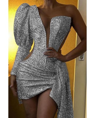 Lovely Party One Shoulder Silver Mini Evening Dress