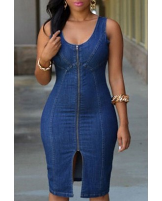 Lovely Trendy Zipper Design Blue Knee Length Dress