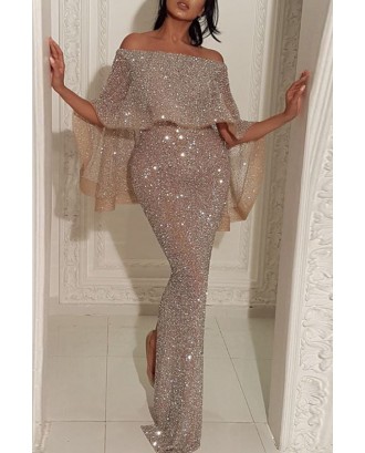Lovely Party Flounce Design Silver Floor Length Evening Dress