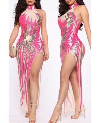 Lovely Party Side Slit Printed Pink Ankle Length Evening Dress