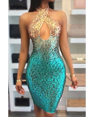 Lovely Party Sequined Hollow-out Green Knee Length Evening Dress