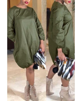 Lovely Euramerican Long Sleeves Loose Army Green Knee Length Dress