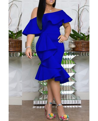 Lovely Stylish One Shoulder Ruffle Design Blue Knee Length Dress