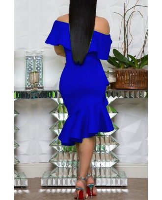 Lovely Stylish One Shoulder Ruffle Design Blue Knee Length Dress