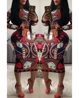 Lovely Trendy Poker Printed Red Knee Length Dress