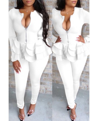 Lovely Casual Flounce Design White Two-piece Pants Set