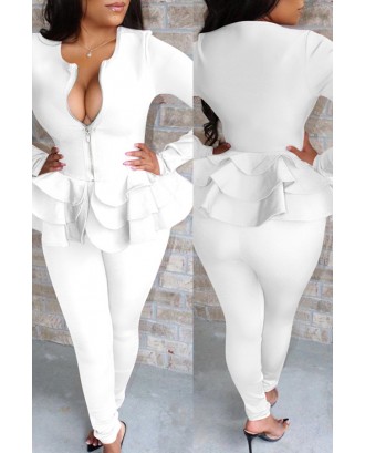 Lovely Casual Flounce Design White Two-piece Pants Set