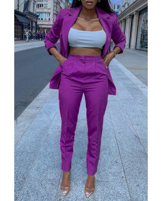 Lovely Trendy Turndown Collar Purple Two-piece Pants Set