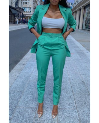 Lovely Trendy Turndown Collar Green Two-piece Pants Set