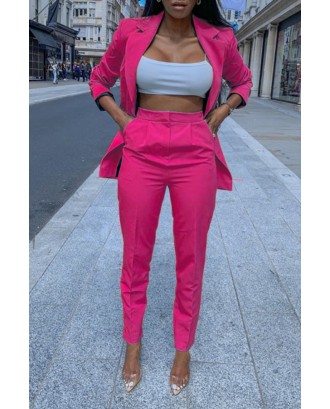 Lovely Trendy Turndown Collar Rose Red Two-piece Pants Set