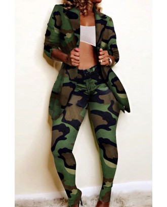 Lovely Street Turn-back Collar Camouflage Printed Two-piece Pants Set