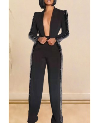 Lovely Work Turn-back Collar Patchwork Black Two-piece Pants Set