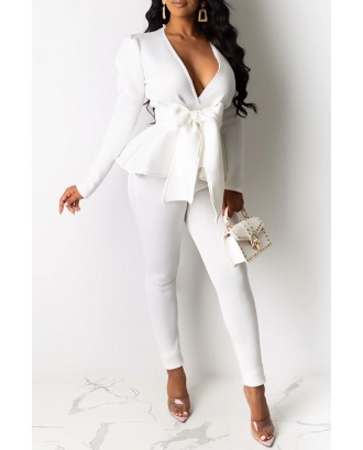 Lovely Trendy Basic Lace-up White Two-piece Pants Set