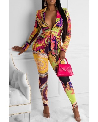 Lovely Party Turn-back Collar Print Yellow Two-piece Pants Set