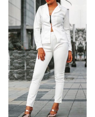 Lovely Stylish Turndown Collar Long Sleeves White Polyester Two-piece Pants Set