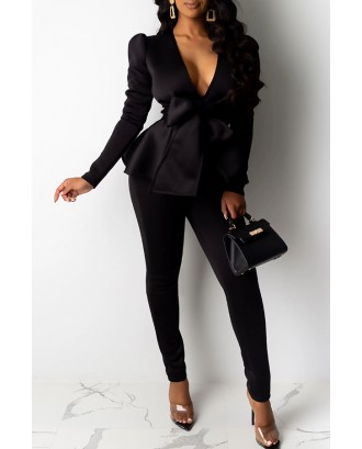 Lovely Trendy Basic Lace-up Black Two-piece Pants Set