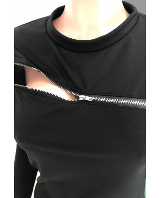 Lovely Trendy Zipper Design Black Two-piece Pants Set