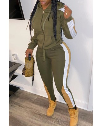 Lovely Casual Hooded Collar Patchwork Army Green Two-piece Pants Set