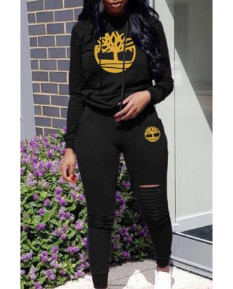 Lovely Trendy Hooded Collar Hollow-out Black Two-piece Pants Set