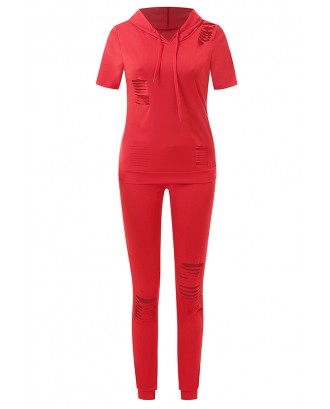 Lovely Casual Hooded Collar Broken Holes Red Two-piece Pants Set