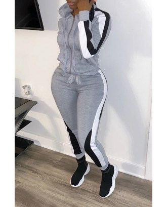 Lovely Casual Hooded Collar Patchwork Grey Two-piece Pants Set