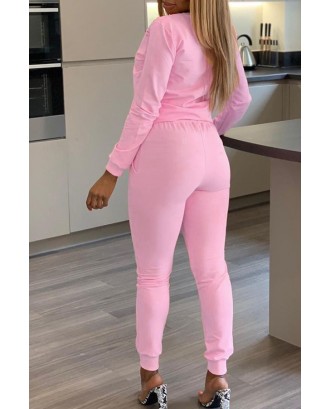 Lovely Casual O Neck Lip Printed Hollow-out Light Pink Two-piece Pants Set