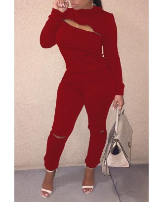 Lovely Trendy Zipper Design Wine Red Two-piece Pants Set