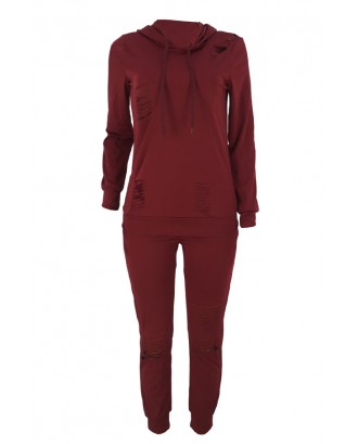 Lovely Casual Hooded Collar Broken Holes Wine Red Two-piece Pants Set