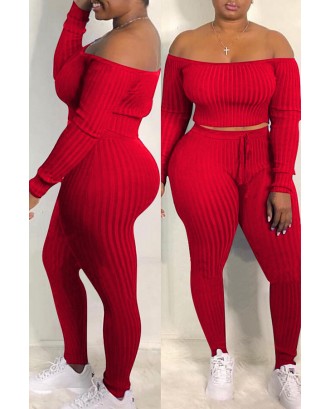 Lovely Casual Dew Shoulder Red Blending Two-piece Pants Set