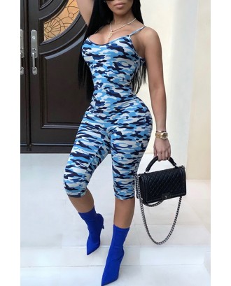 Lovely Sexy Camouflage Printed Blue One-piece Rompers