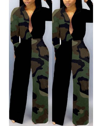 Lovely Trendy Patchwork Camouflage Printed Army Green One-piece Jumpsuit