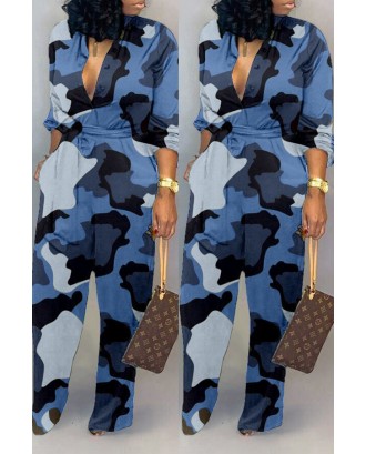 Lovely Casual Camouflage Printed Blue One-piece Jumpsuit