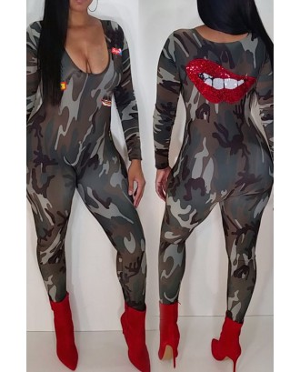 Lovely Leisure Lip Camouflage Printed One-piece Jumpsuit