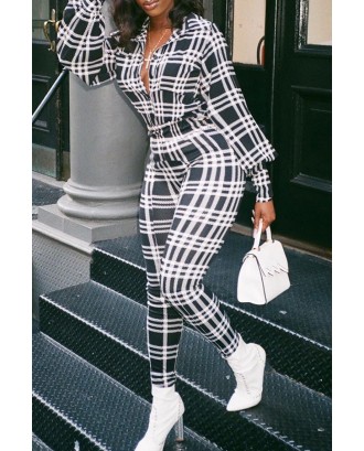 Lovely Casual Plaid Printed Black And White One-piece Jumpsuit