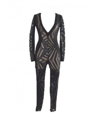 Lovely Sexy Deep V Neck Sequined Decorative Black One-piece Jumpsuit