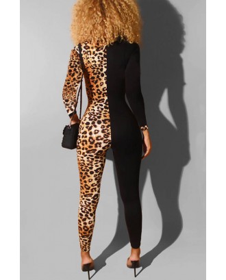 Lovely Trendy Patchwork Leopard Printed One-piece Jumpsuit