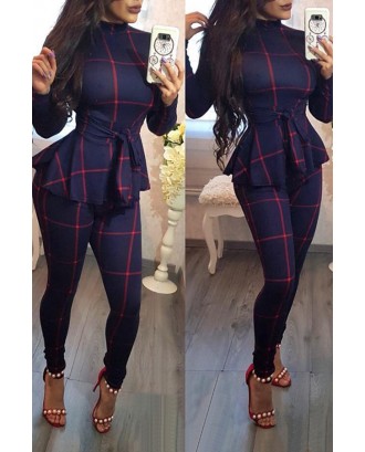 Lovely Casual Long Sleeves Plaids Deep Blue One-piece Jumpsuit