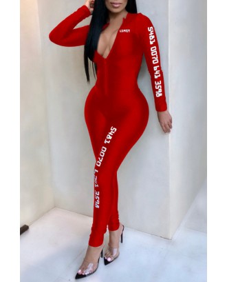 Lovely Casual Letter Printed Skinny Red One-piece Jumpsuit