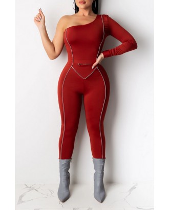 Lovely Stylish Dew Shoulder Wine Red One-piece Jumpsuit