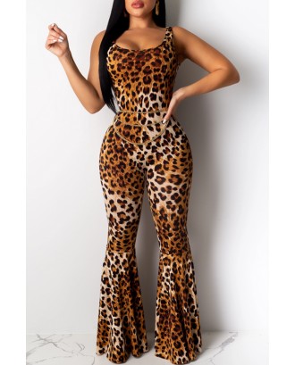 Lovely Casual U Neck Leopard Printed One-piece Jumpsuit