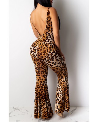 Lovely Casual U Neck Leopard Printed One-piece Jumpsuit